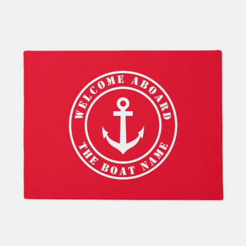 Welcome aboard boat name nautical anchor logo red doormat