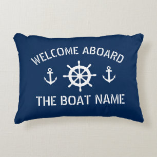 Welcome aboard boat name nautical anchor navy blue accent pillow