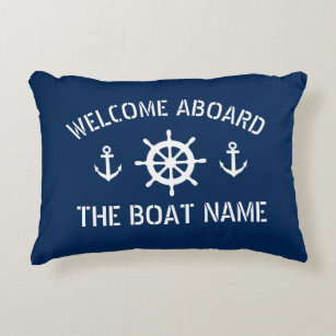 Welcome aboard boat name nautical anchor navy blue accent pillow