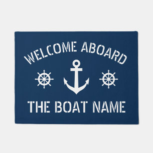 Welcome aboard boat name nautical anchor navy blue doormat