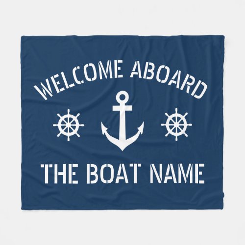 Welcome aboard boat name nautical anchor navy blue fleece blanket