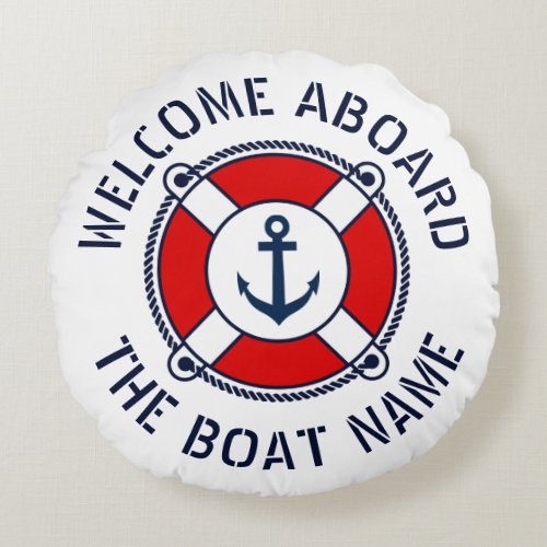Welcome aboard boat name nautical anchor navy blue round pillow
