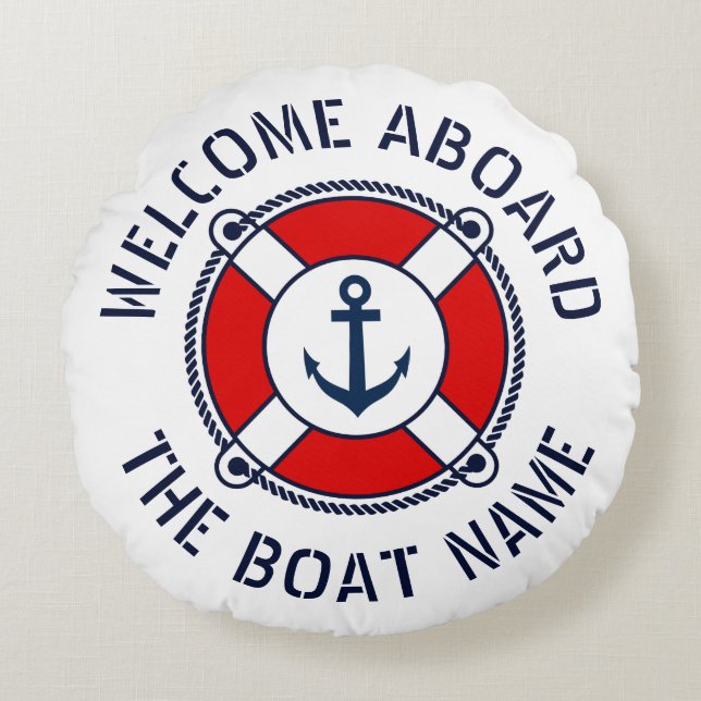 Welcome aboard boat name nautical anchor navy blue round pillow (Front)