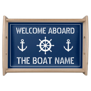 Welcome aboard boat name nautical anchor navy blue serving tray