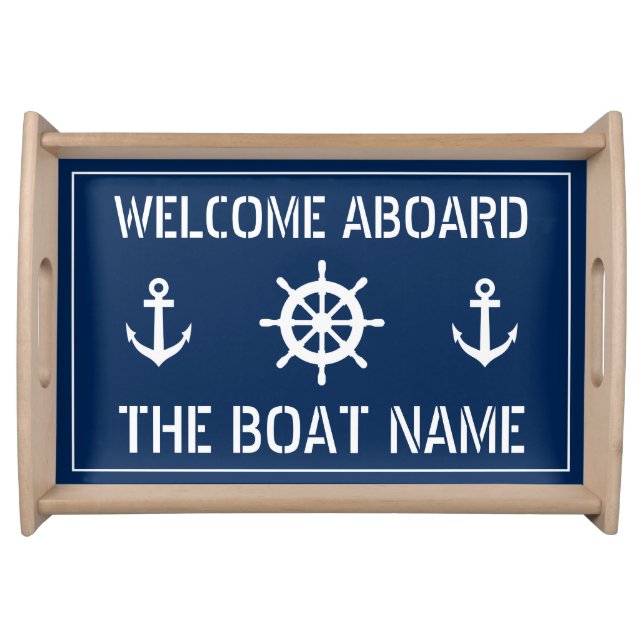 Welcome aboard boat name nautical anchor navy blue serving tray (Front)