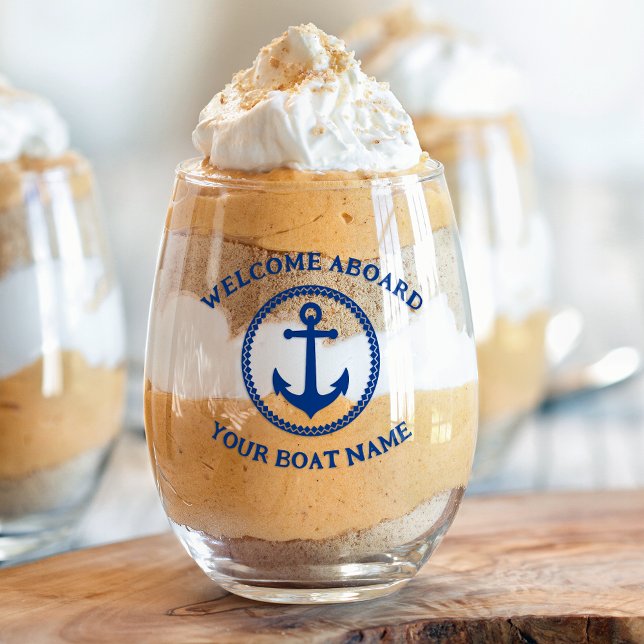 Welcome Aboard Boat Name Nautical Anchor Navy Blue Stemless Wine Glass (Creator Uploaded)