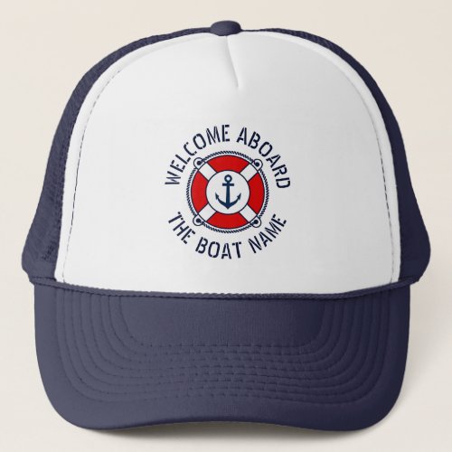 Welcome aboard boat name nautical anchor navy blue trucker hat