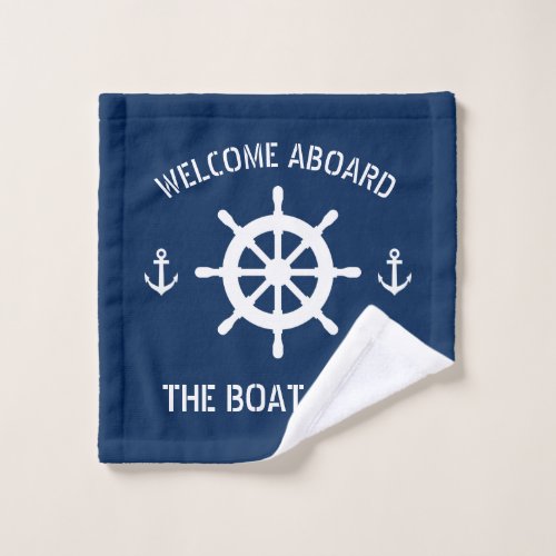 Welcome aboard boat name nautical anchor navy blue wash cloth