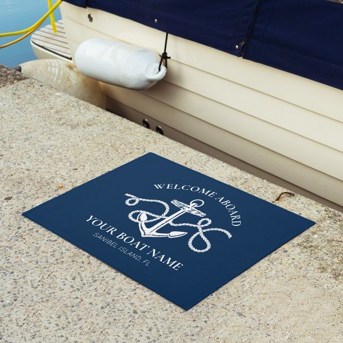 Welcome Aboard Boat Name Nautical Anchor Navy Doormat