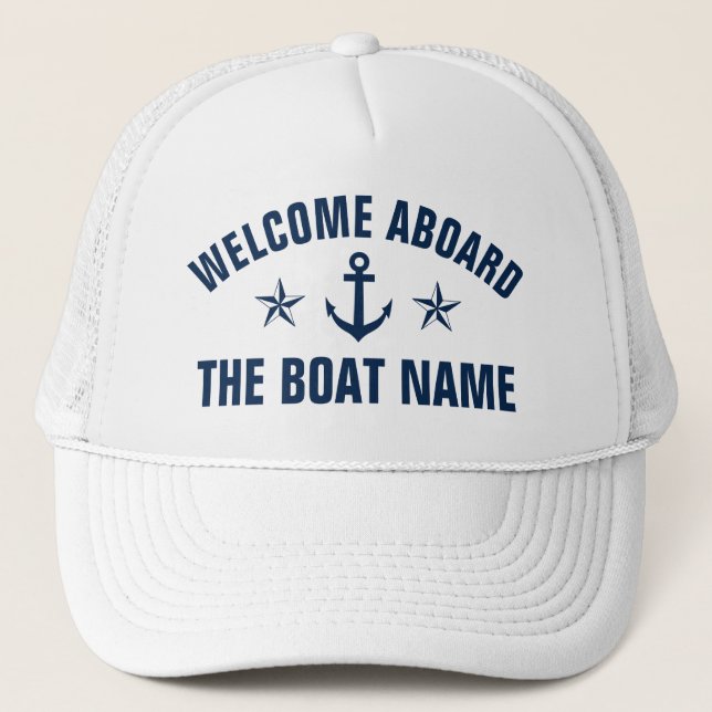 Welcome aboard boat name nautical anchor navy star trucker hat (Front)