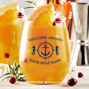 Welcome Aboard Boat Name Nautical Anchor Seahorse Stemless Wine Glass