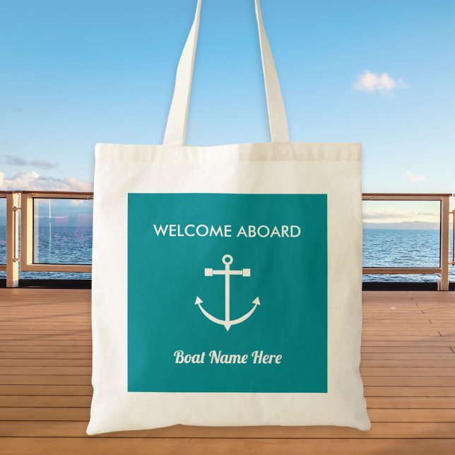 Welcome Aboard Boat Name Nautical Anchor Tote Bag (A nautical tote bag with 'Welcome Aboard' greeting, anchor picture, and custom text to personalize)