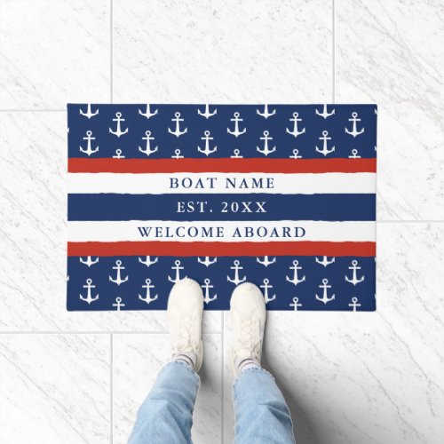 Welcome Aboard Boat Name Nautical Navy Blue Doormat