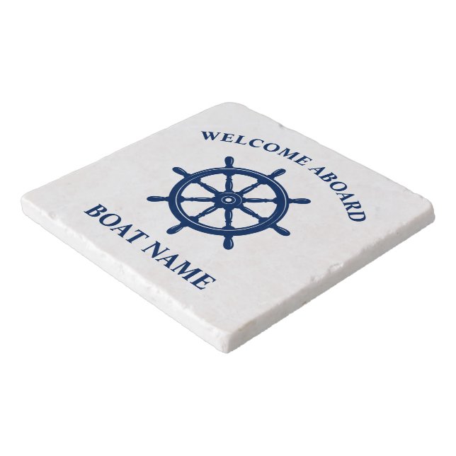 Welcome Aboard Boat Name Nautical Ship Wheel Helm Trivet (Corner)
