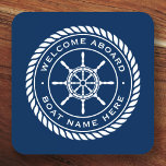Welcome aboard boat name nautical ship's wheel beverage coaster<br><div class="desc">Coaster featuring a white,  elegant ship's wheel and rope emblem with custom text "welcome aboard" and boat name on a dark blue background.</div>