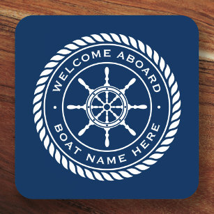 Welcome aboard boat name nautical ship's wheel beverage coaster