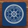 Welcome aboard boat name nautical ship's wheel beverage coaster