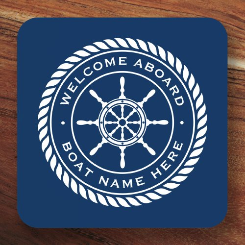 Welcome aboard boat name nautical ships wheel beverage coaster