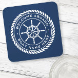 Welcome aboard boat name nautical ship's wheel beverage coaster<br><div class="desc">Coaster featuring a white,  elegant ship's wheel and rope emblem with custom text "welcome aboard" and boat name on a dark blue background.</div>