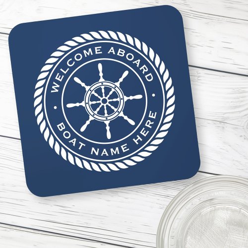 Welcome aboard boat name nautical ships wheel beverage coaster