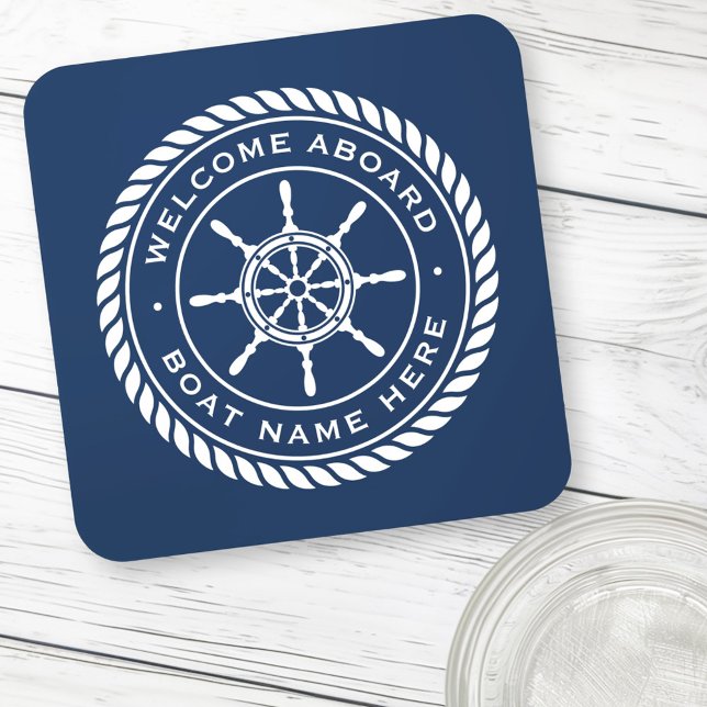 Welcome aboard boat name nautical ship's wheel beverage coaster (Welcome aboard boat name nautical ship's wheel beverage coaster)