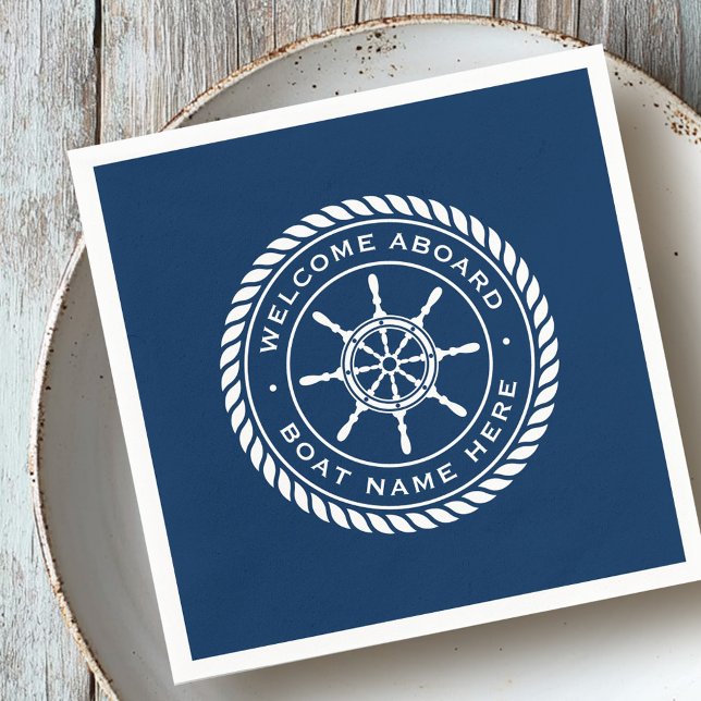 Welcome aboard boat name nautical ship's wheel napkins (Welcome aboard boat name nautical ship's wheel napkins)