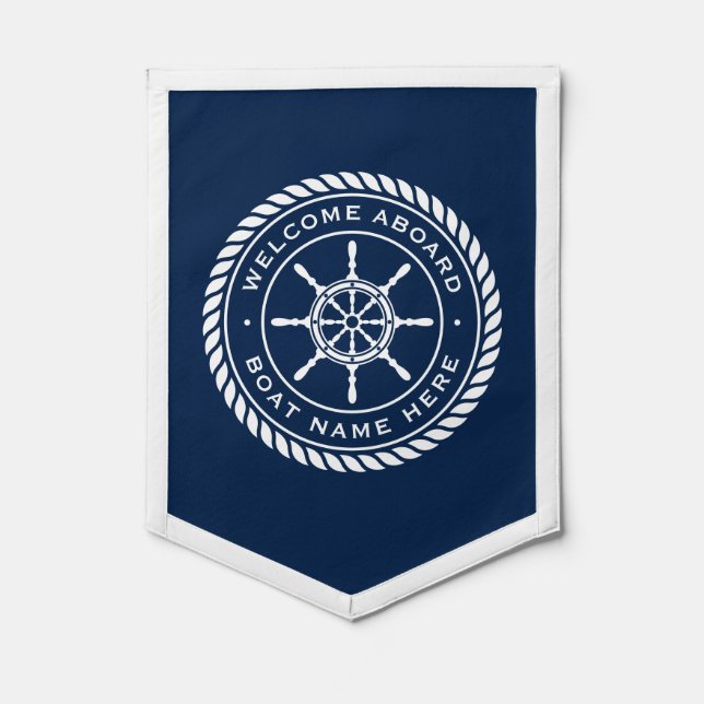 Welcome aboard boat name nautical ship's wheel pennant (Front)