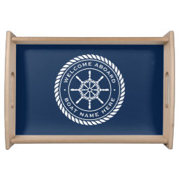Welcome aboard boat name nautical ship&#39;s wheel serving tray
