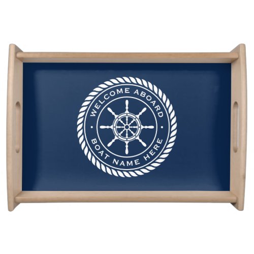 Welcome aboard boat name nautical ships wheel serving tray