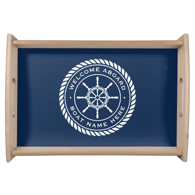 Welcome aboard boat name nautical ship's wheel serving tray (Front)