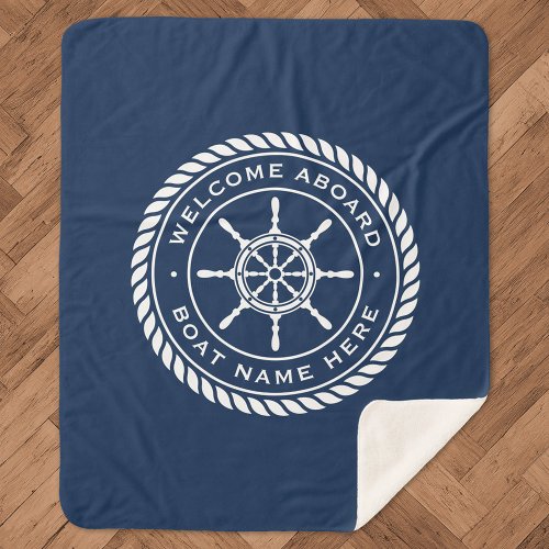 Welcome aboard boat name nautical ships wheel sherpa blanket