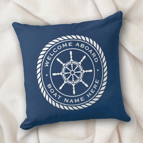 Welcome aboard boat name nautical ships wheel throw pillow
