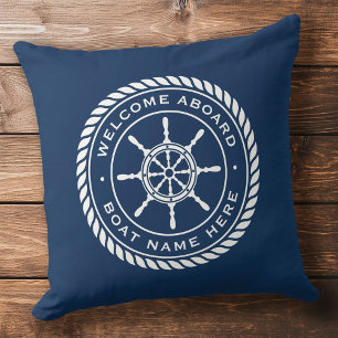 Welcome aboard boat name nautical ship's wheel throw pillow