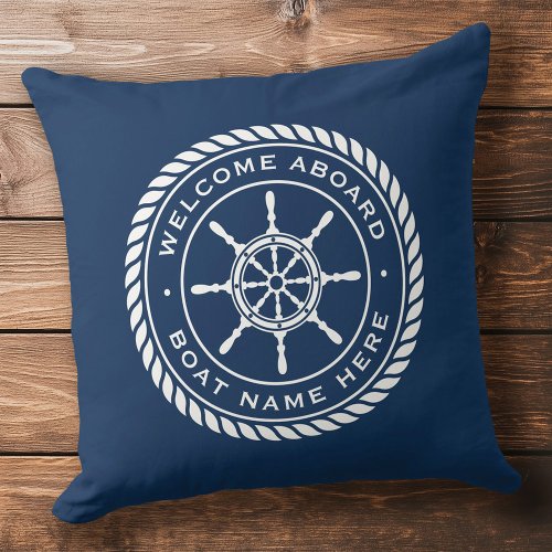 Welcome aboard boat name nautical ships wheel throw pillow