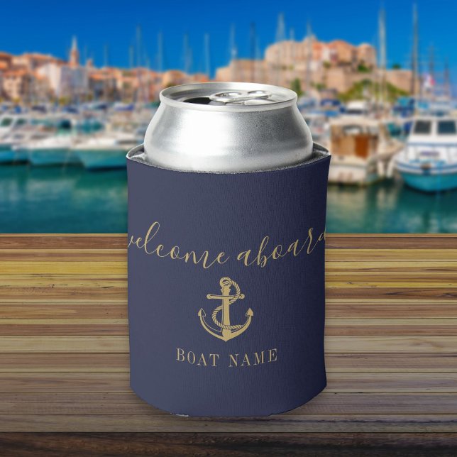 Welcome Aboard Boat Name Navy Blue And Gold Can Cooler (Welcome Aboard Boat Name Navy Blue And Gold Can Cooler)