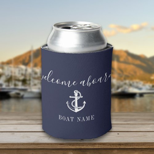 Welcome Aboard Boat Name Navy Blue Can Cooler