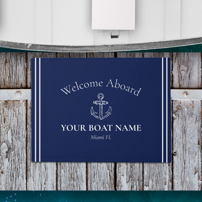 Welcome Aboard Boat Name Navy Blue White Nautical Doormat (Traditional Navy Blue Nautical Welcome Mat Personalized with Your Boat Name and Home Port)