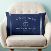 Welcome Aboard Boat Name Navy Blue White Nautical Lumbar Pillow
