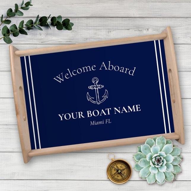 Welcome Aboard Boat Name Navy Blue White Nautical Serving Tray (Navy Blue and White Welcome Aboard Serving Tray Personalized with Your Boat Name and Home Port)