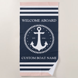 Welcome Aboard Boat Name - Personalized Navy Coral Beach Towel