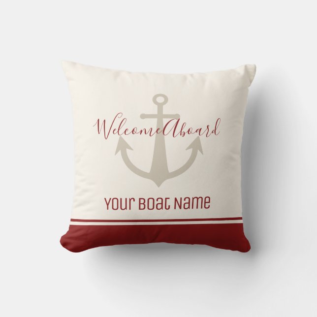 Welcome Aboard Boat Name Red Cream Anchor Nautical Outdoor Pillow (Front)