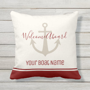 Welcome Aboard Boat Name Red Cream Anchor Nautical Outdoor Pillow