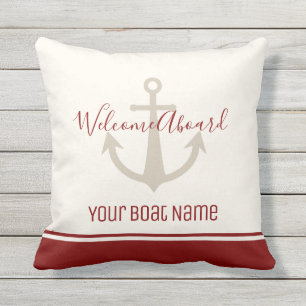 Welcome Aboard Boat Name Red Cream Anchor Nautical Outdoor Pillow