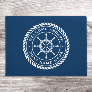Welcome aboard boat name rope nautical ship wheel doormat