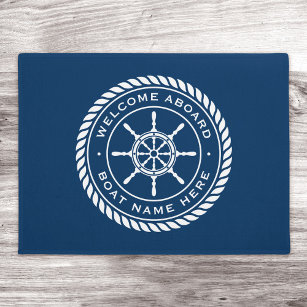 Welcome aboard boat name rope nautical ship wheel doormat