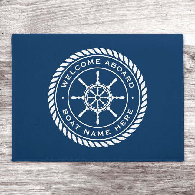 Welcome aboard boat name rope nautical ship wheel doormat (Creator Uploaded)