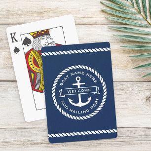Welcome aboard boat name rope nautical ship wheel poker cards