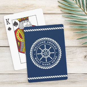 Welcome aboard boat name rope nautical ship wheel poker cards