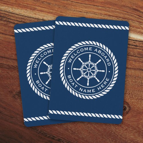 Welcome aboard boat name rope nautical ship wheel poker cards