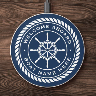 Welcome aboard boat name rope nautical ship wheel wireless charger